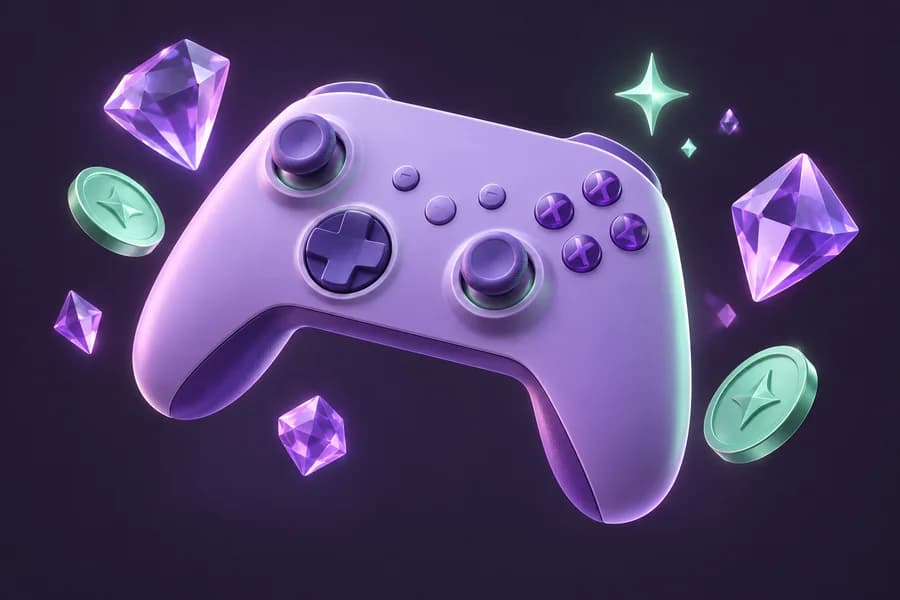 A lavender game controller with floating gems and mint coins