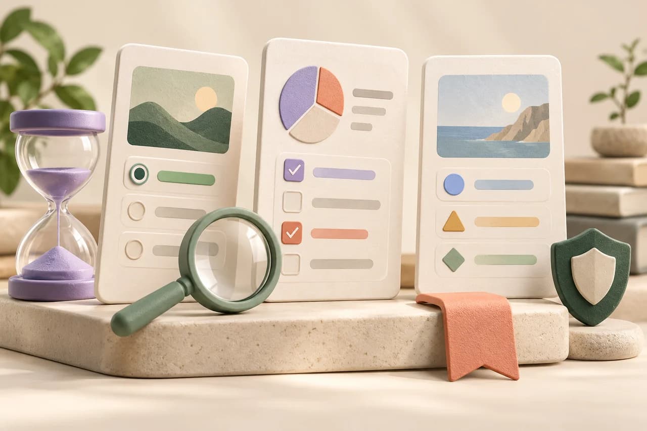 Different questionnaires beside a magnifying lens and an hourglass.