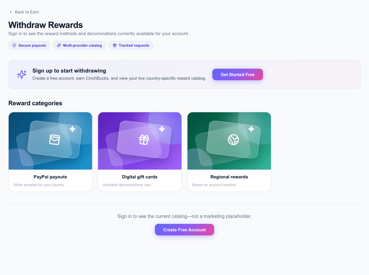 CinchBucks public Withdraw Rewards page with sign-in guidance and reward category previews.