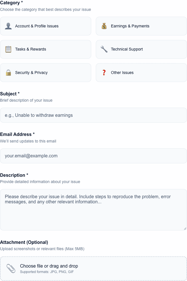 Actual blank CinchBucks ticket form showing Category, Subject, Email Address, Description and Attachment fields.